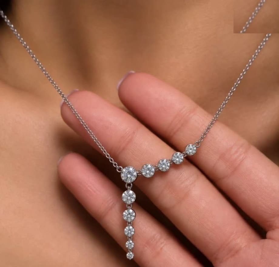 Étoile graduated diamond lariat necklace held gently in an open hand at the collarbone